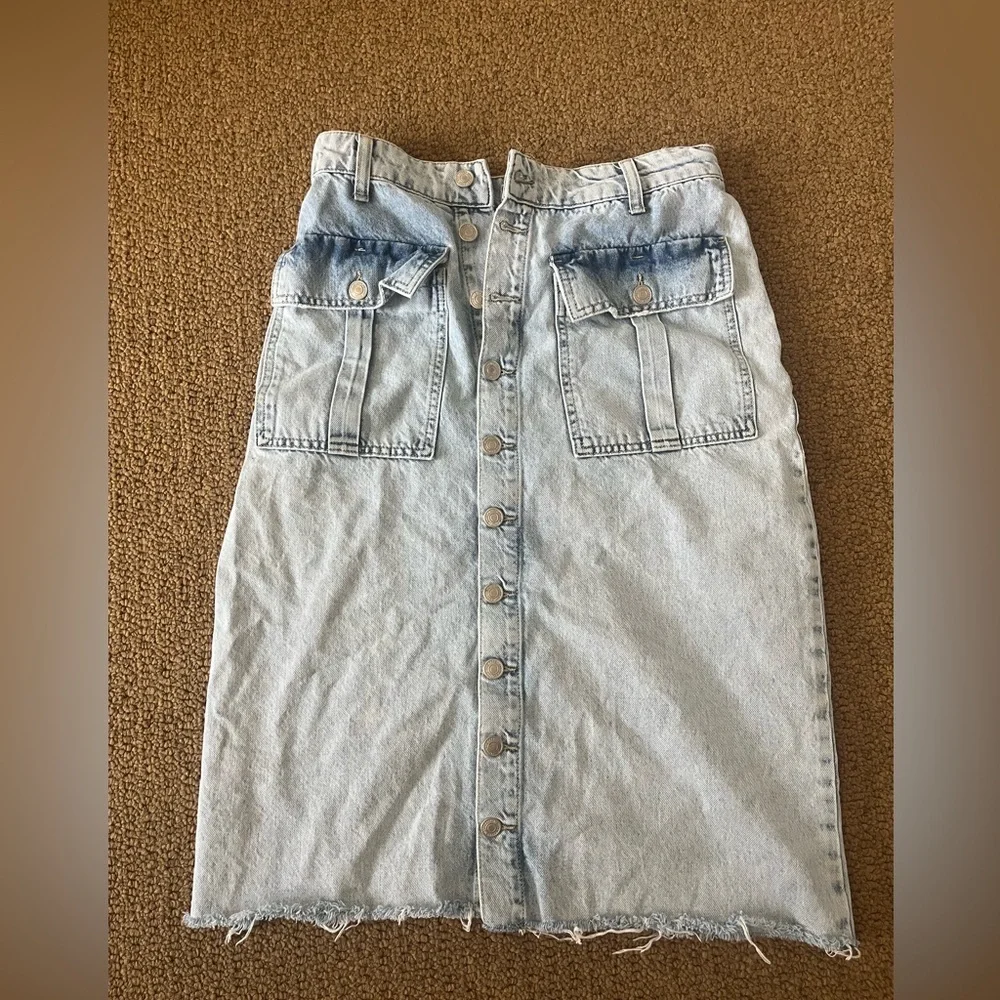 We the Free Denim Midi Jean Skirt Ava Front Button Acid Trashed Cargo Pocket
